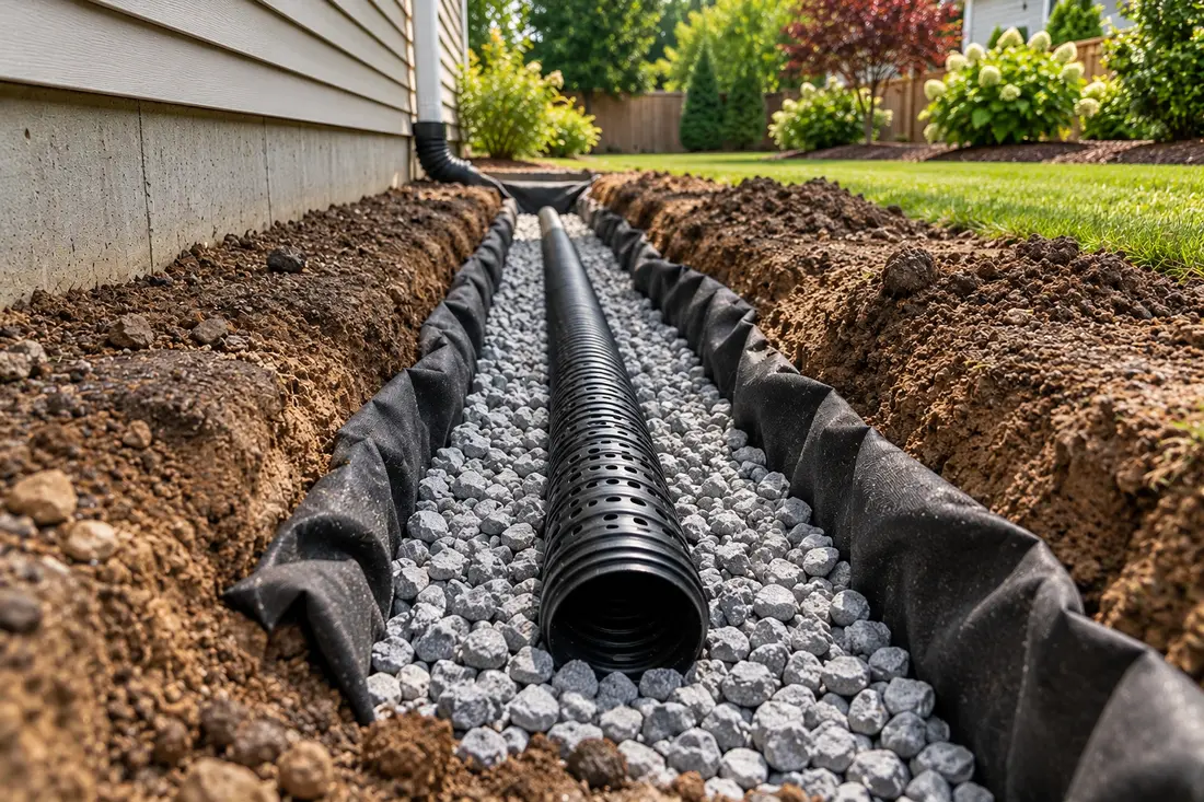 Open drainage trench beside a house with exposed gravel, fabric, and perforated pipe during installation