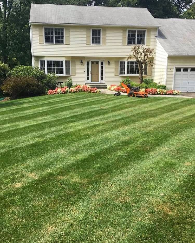 Manicured front lawn with seasonal color beds at a Fairfield County home