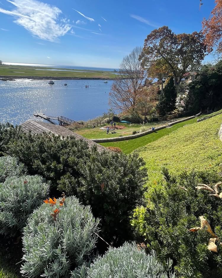 Waterfront landscape plantings and lawn overlooking Long Island Sound